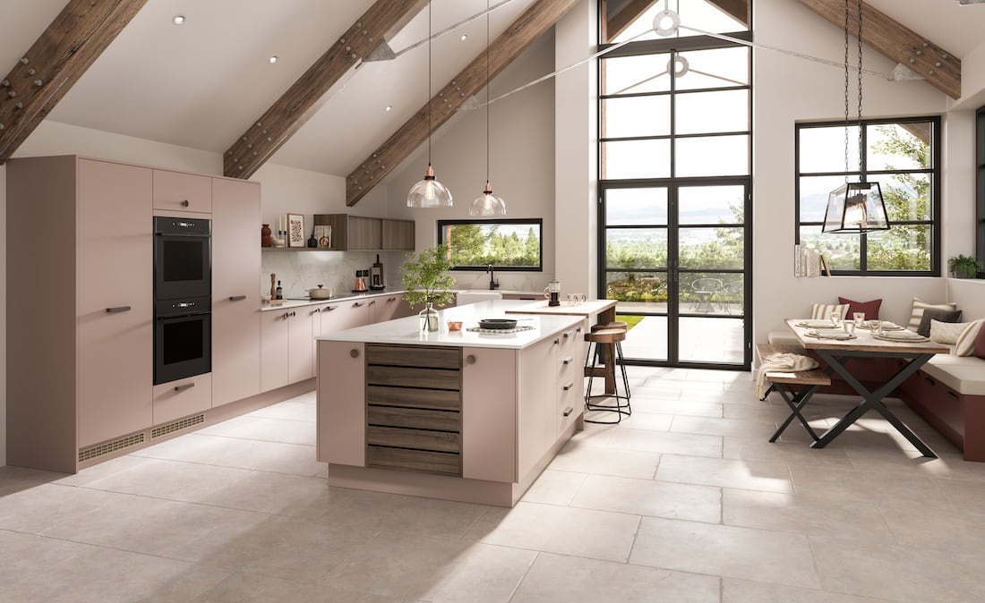 Modern pink kitchen with island
