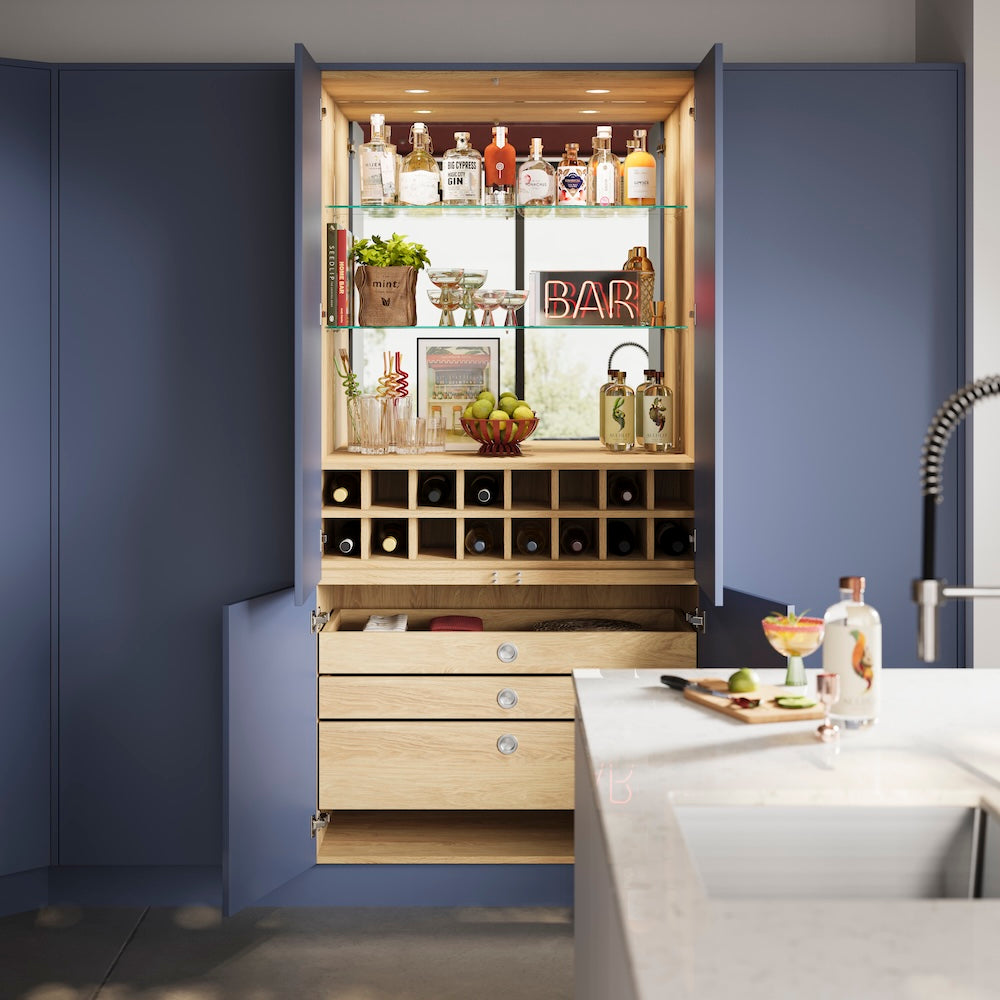 Blue kitchen home bar area