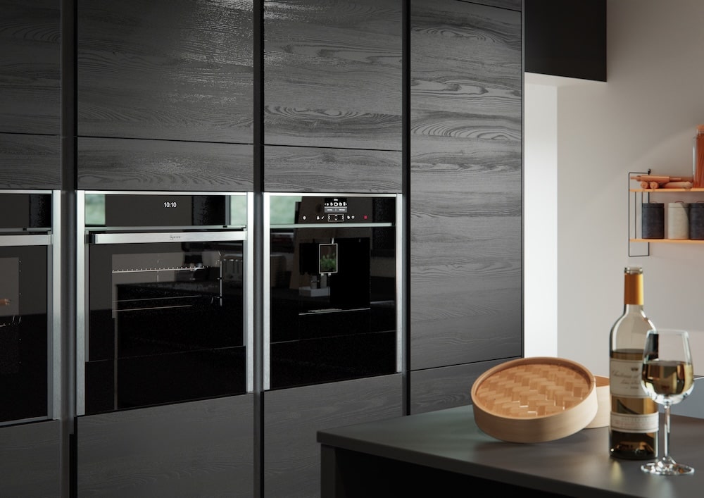 Grained handleless black kitchen