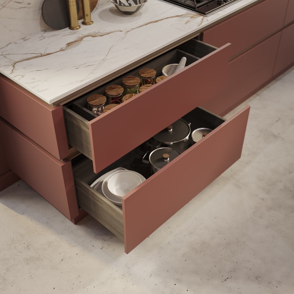 Red handleless kitchen drawers