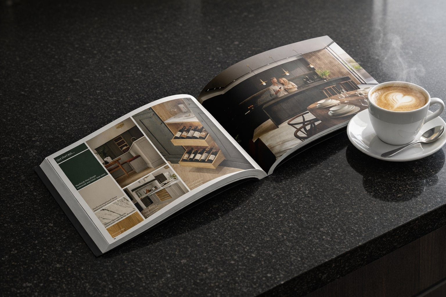 kitchen brochure on a quartz worktop