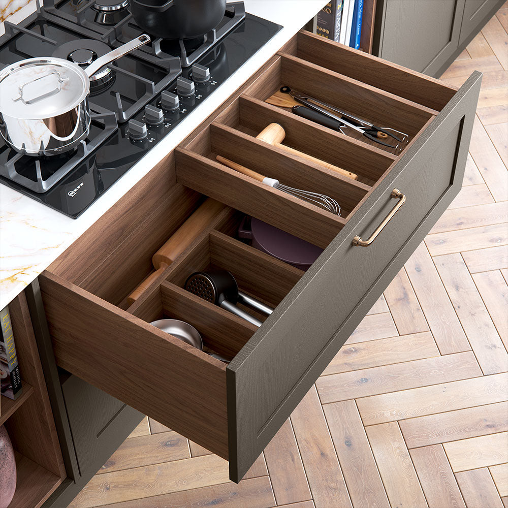 Luxury kitchen drawers in walnut finish