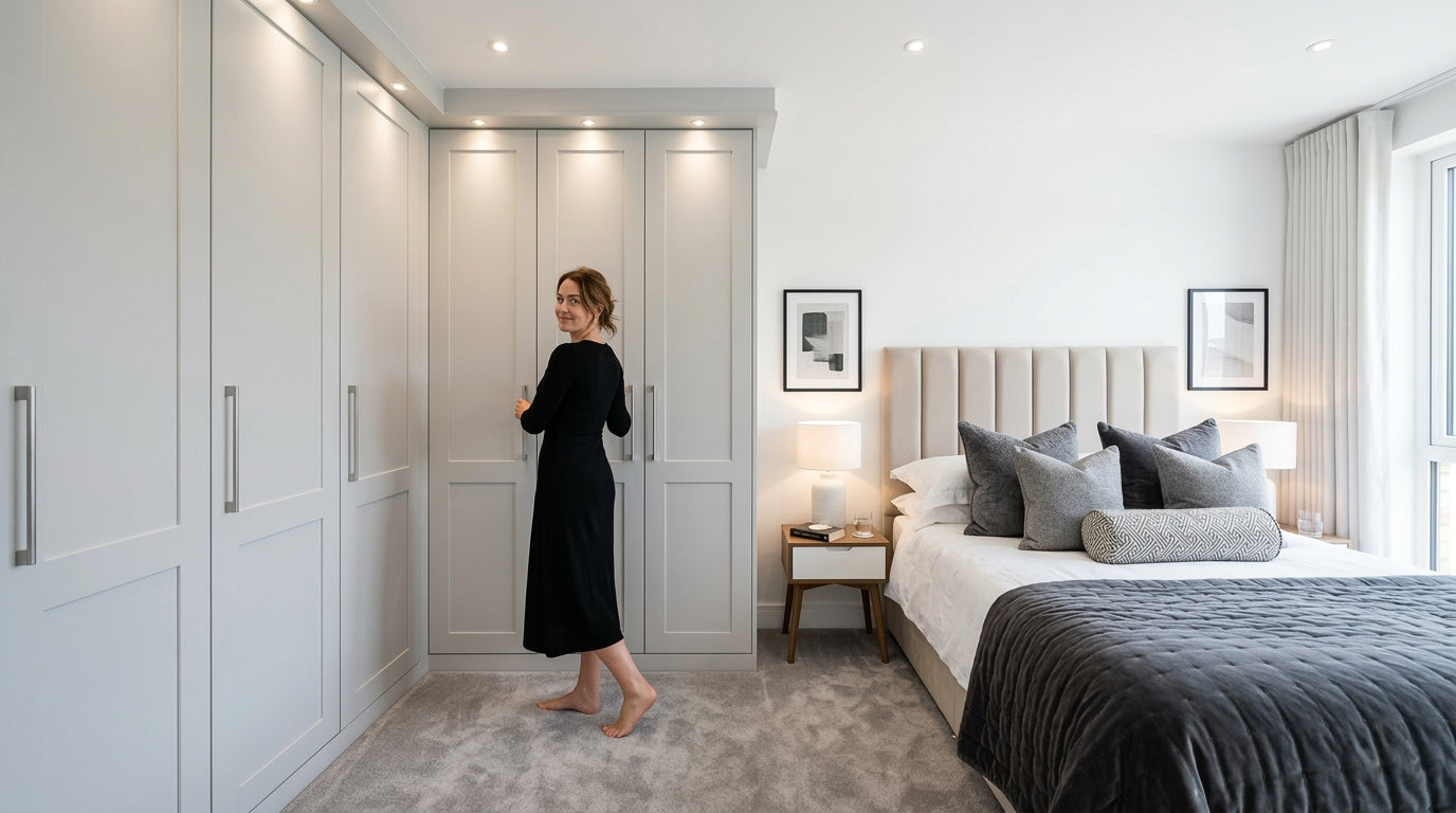 Woman in a bedroom about to open her fitted wardrobe doors