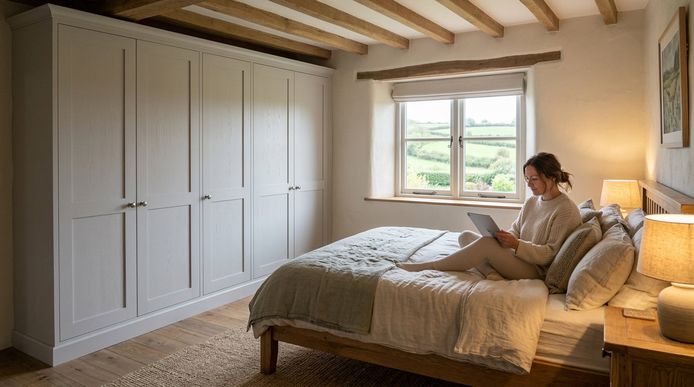 Woman sitting on a bed in a beautiful fitted bedroom
