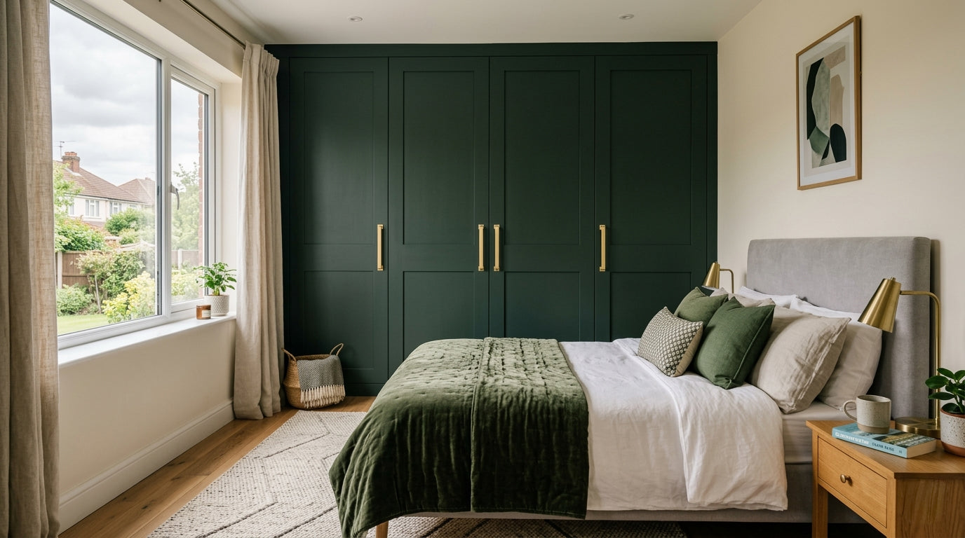 Green traditional fitted wardrobes with gold handles