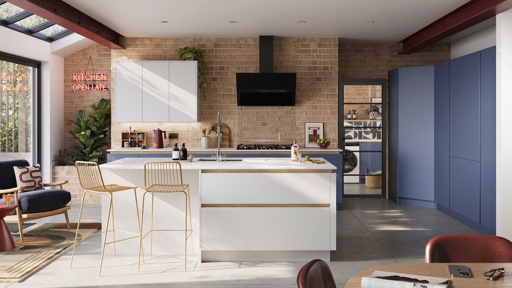 Handleless blue and white kitchen