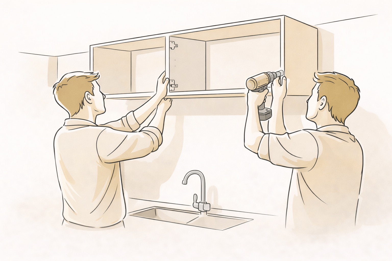 Men installing a ktichen cabinet