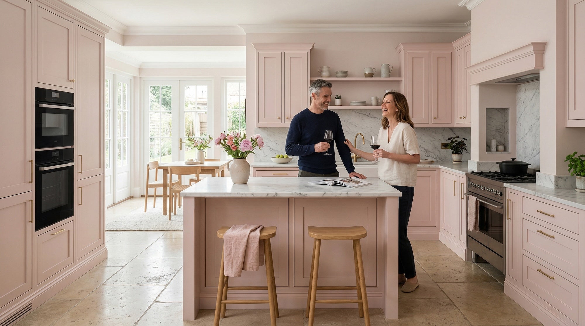 Couple laughing in a pink kitchen