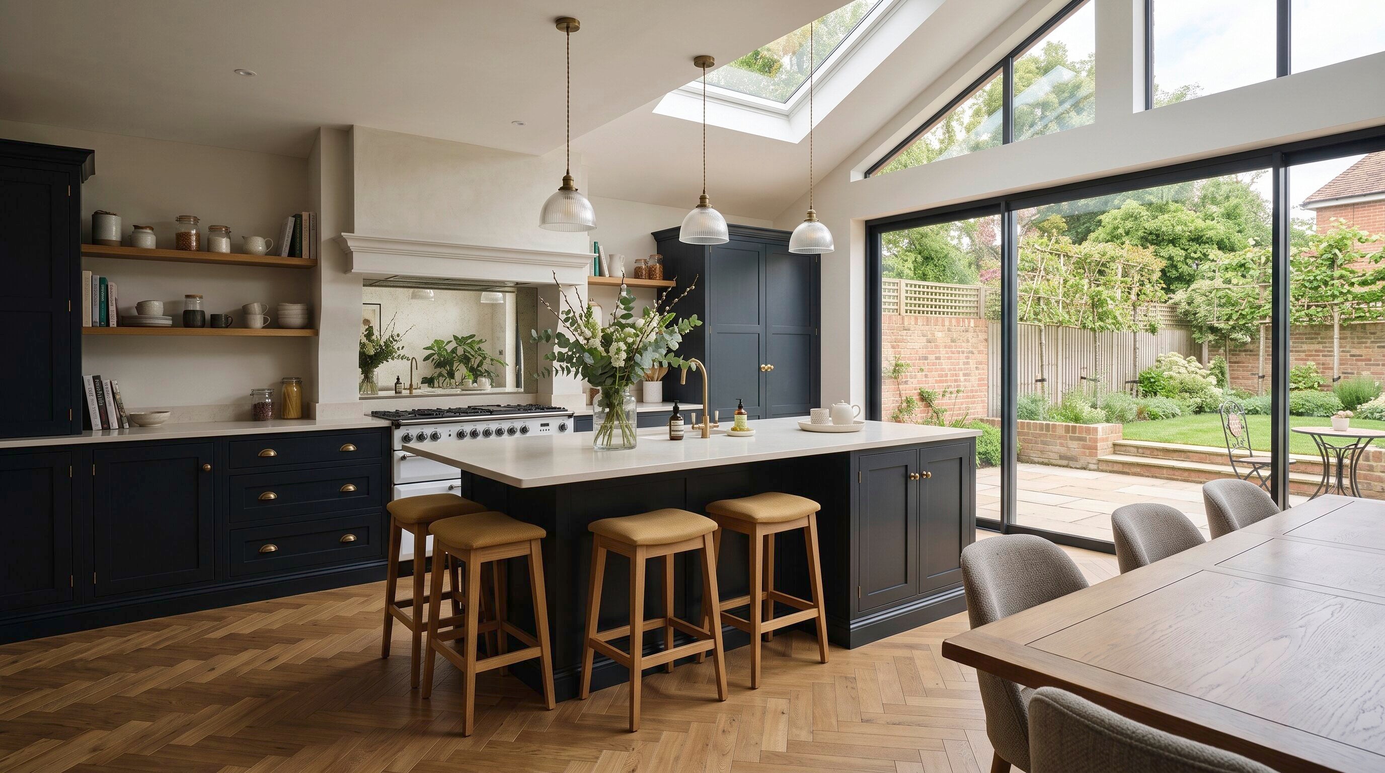 Dark blue in-frame kitchen in Colchester with bifold doors in an extension