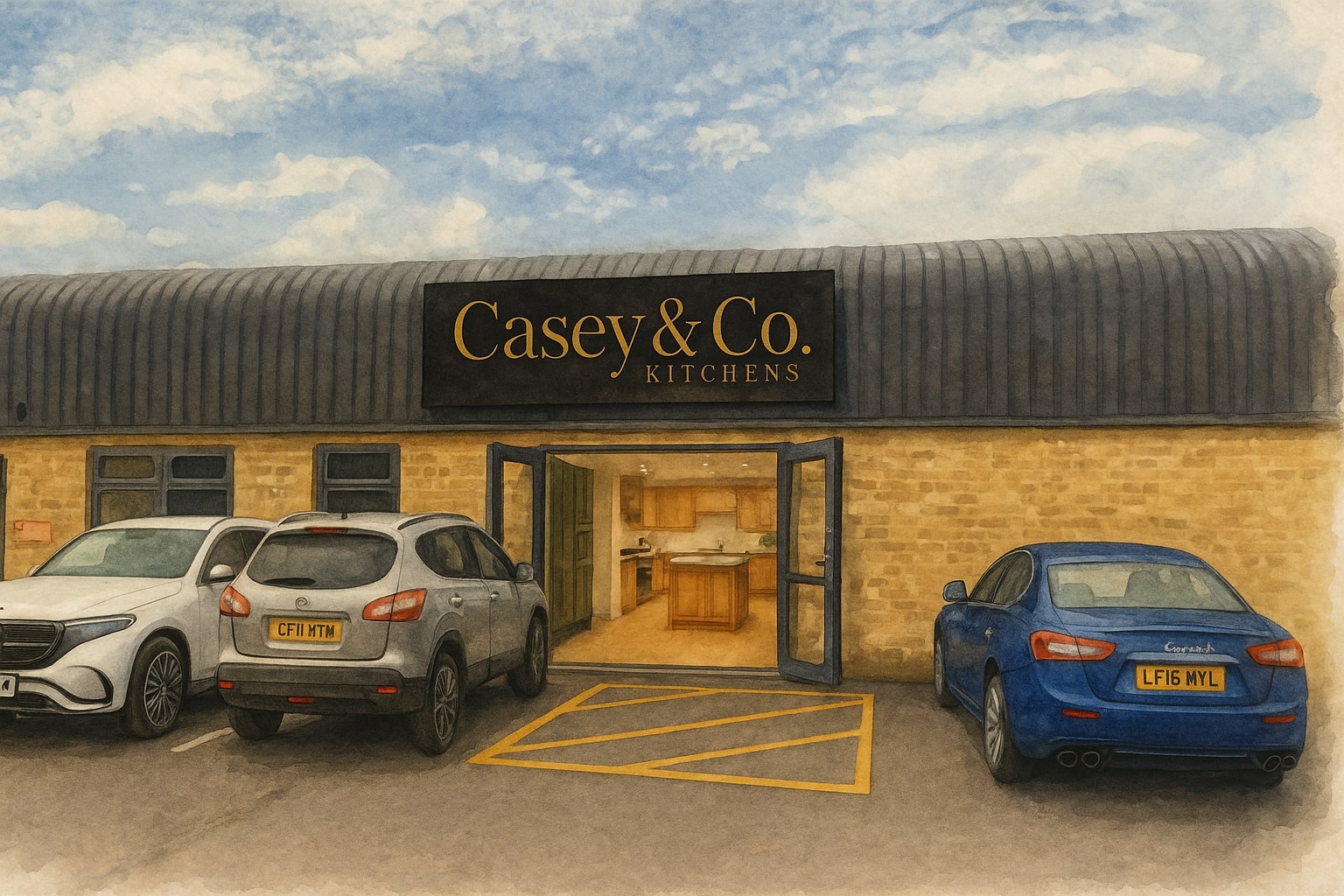Casey & Co Kitchens showroom in Colchester storefront with cars parked outside