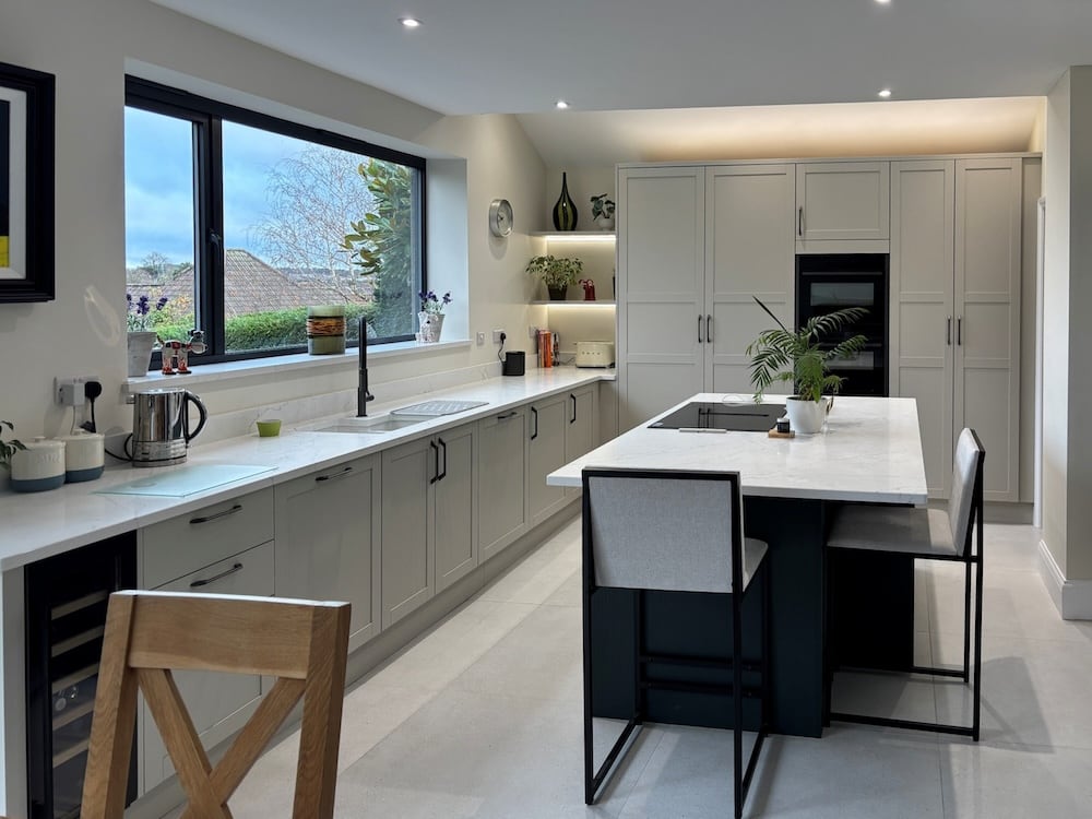 Grey and navy blue Shaker kitchen
