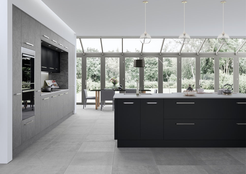 Modern kitchen in grey with blue island