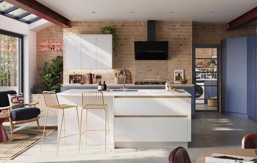 blue and white handleless kitchen