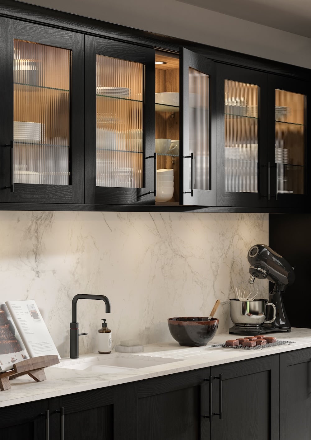 Traditional kitchen with glazed wall unit 