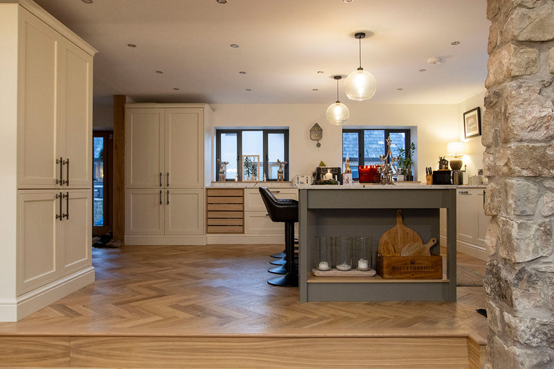 Ivory and olive in-frame kitchen in Colchester