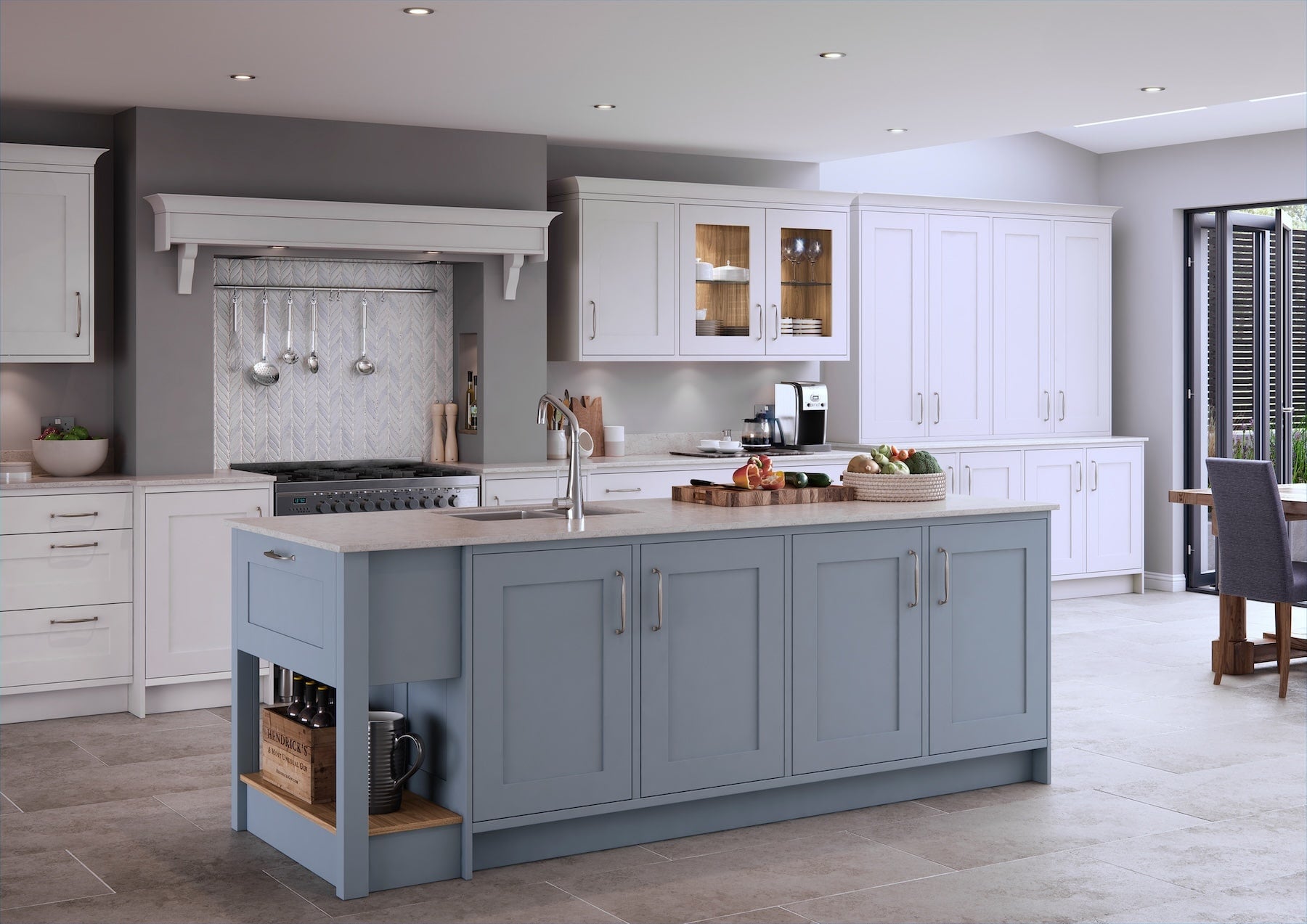 British kitchen with blue island