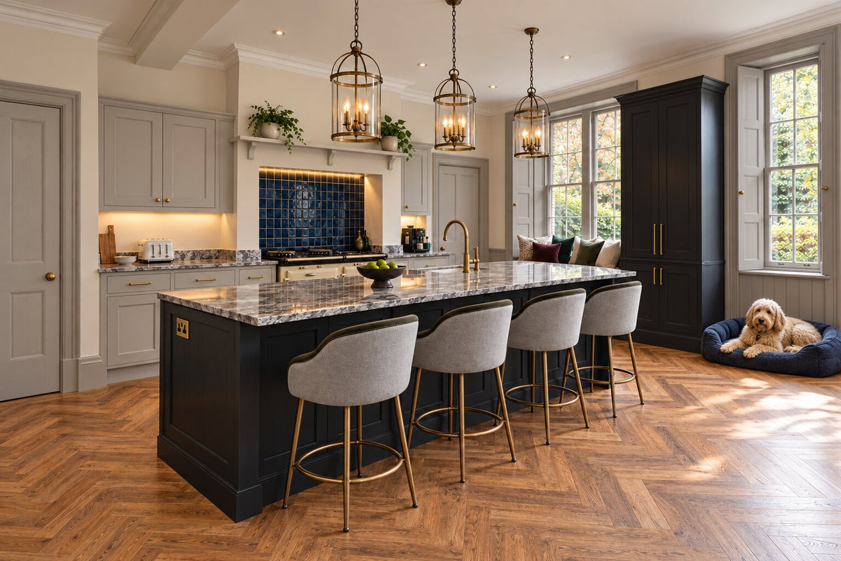 Blue and grey in-frame kitchen