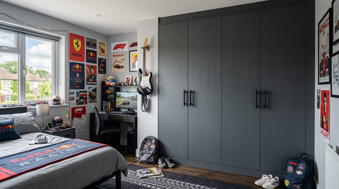 Modern fitted wardrobe in a teenagers bedroom