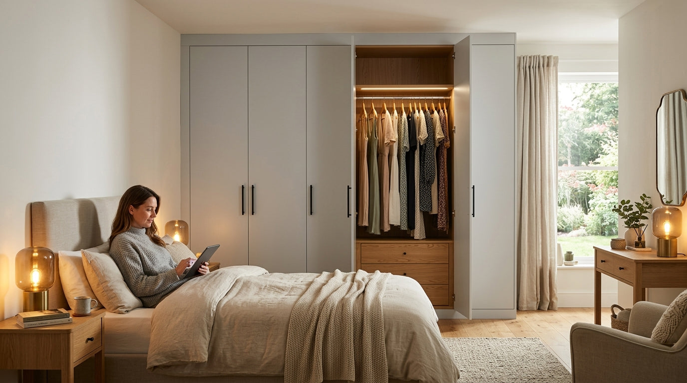 Woman laying in bed in a beautiful fitted bedroom