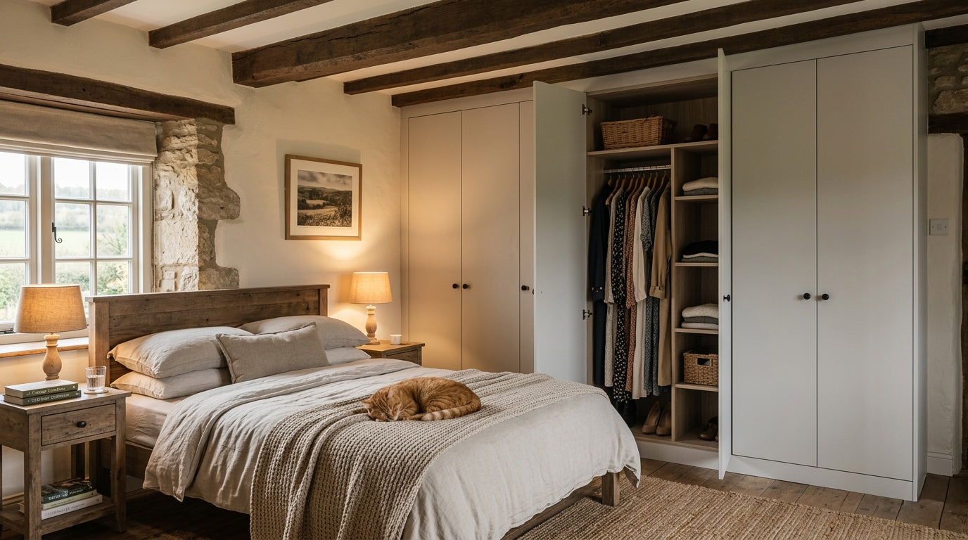 Grey bespoke fitted wardrobes in a bedroom with a sleeping cat on the bed