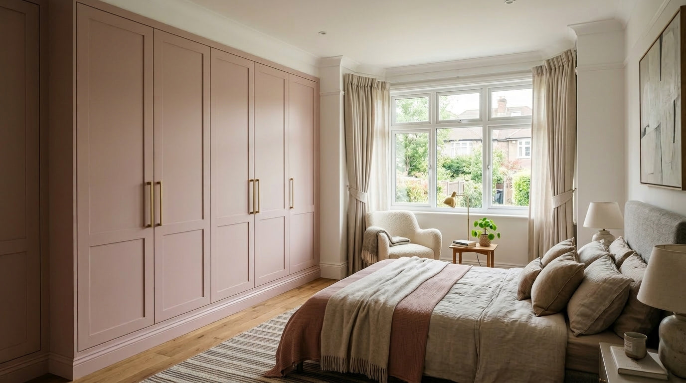 Pink fitted wardrobe in a beautiful bedroom