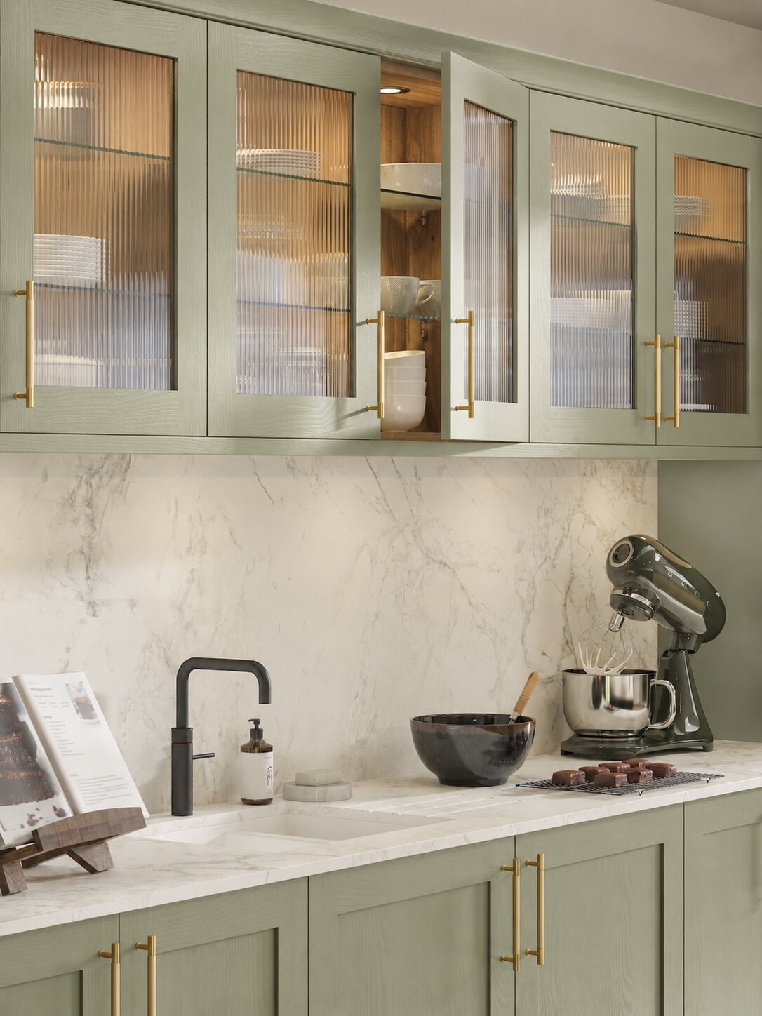 Green luxury kitchen with glazed wall units and a slightly open door 