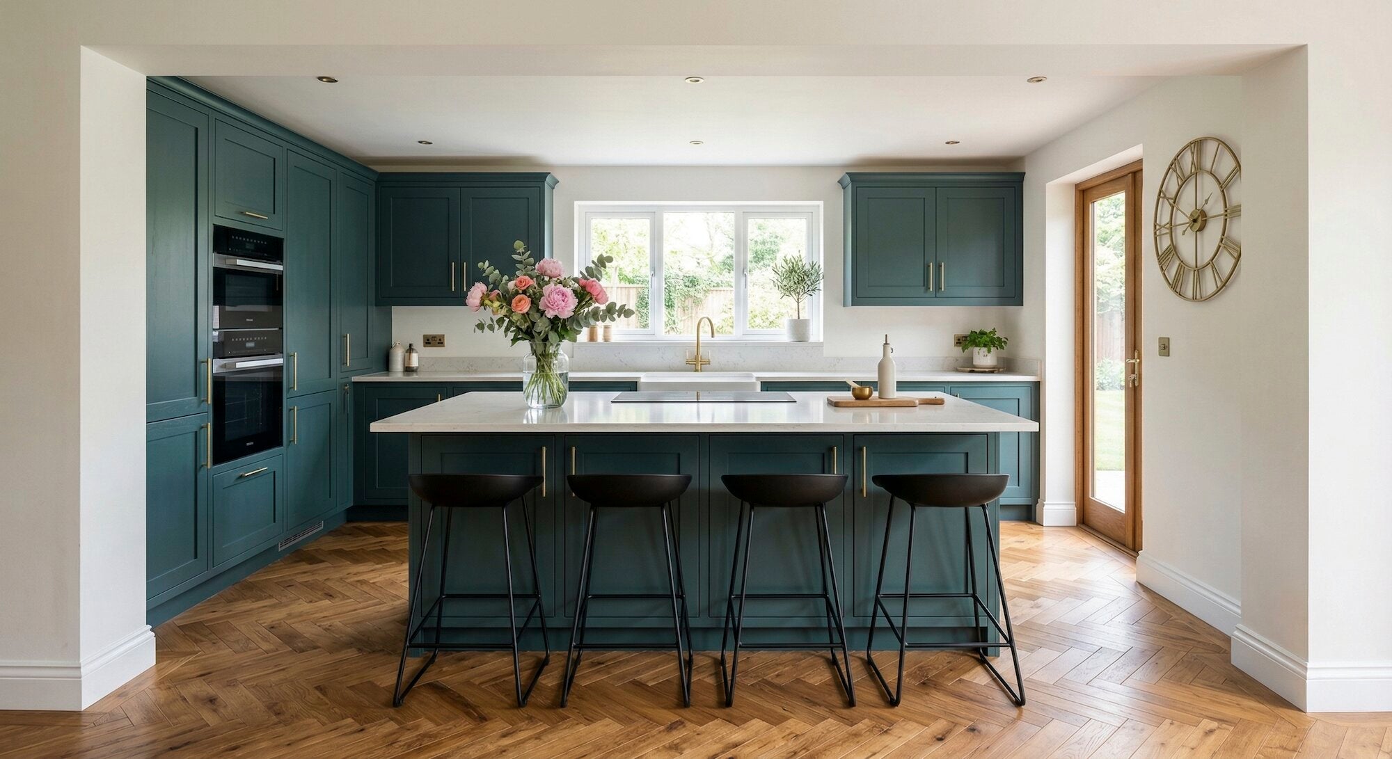 Modern kitchen with teal cabinets, white island, and wooden floor.